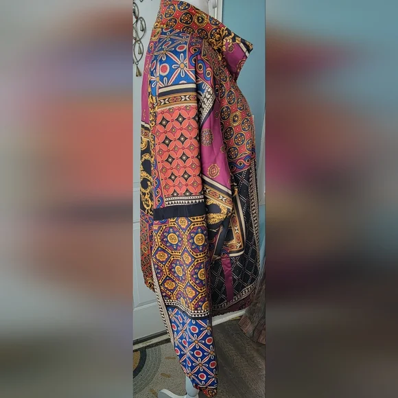 Urban Outfitters Scarf Print Bomber Jacket Mens L Multi Color Satiny Baggy ZipUp - Picture 5 of 15